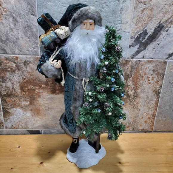 Santa Claus Figurine Ceramic Base Christmas Tree Sack of Gifts Blue Velvet Coat - Picture 1 of 13
